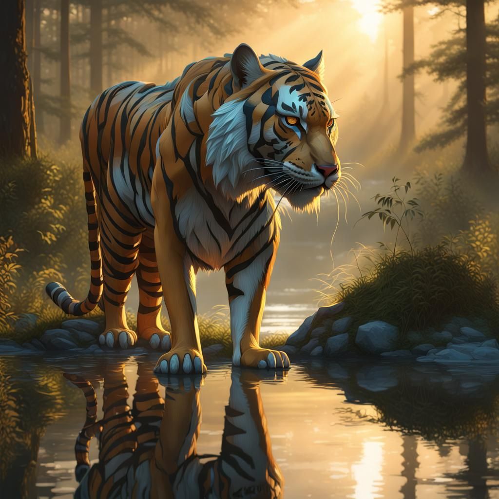 Mechanical Tiger in Primeval Forest at Dawn