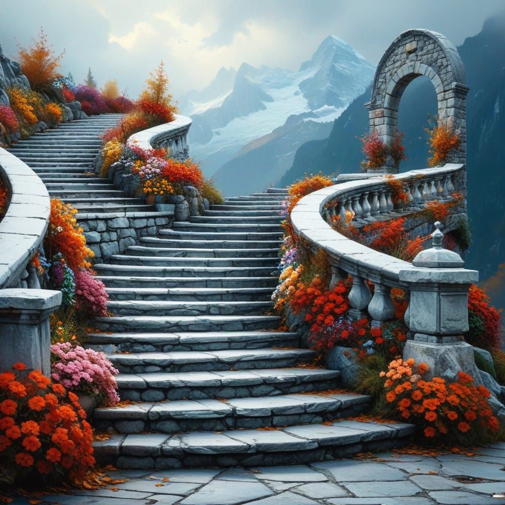 Winding Staircase Ascends Through Arched Stone Gateway to En...