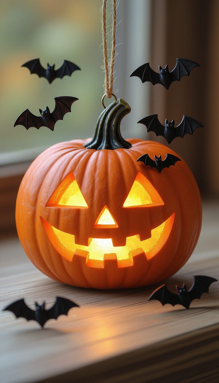 Whimsical Jack-o'-Lantern Ornament with Orbiting Bats