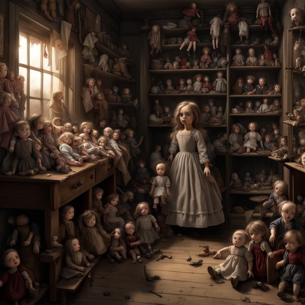 Dusty Doll Room Horror Scene in Photorealistic Style