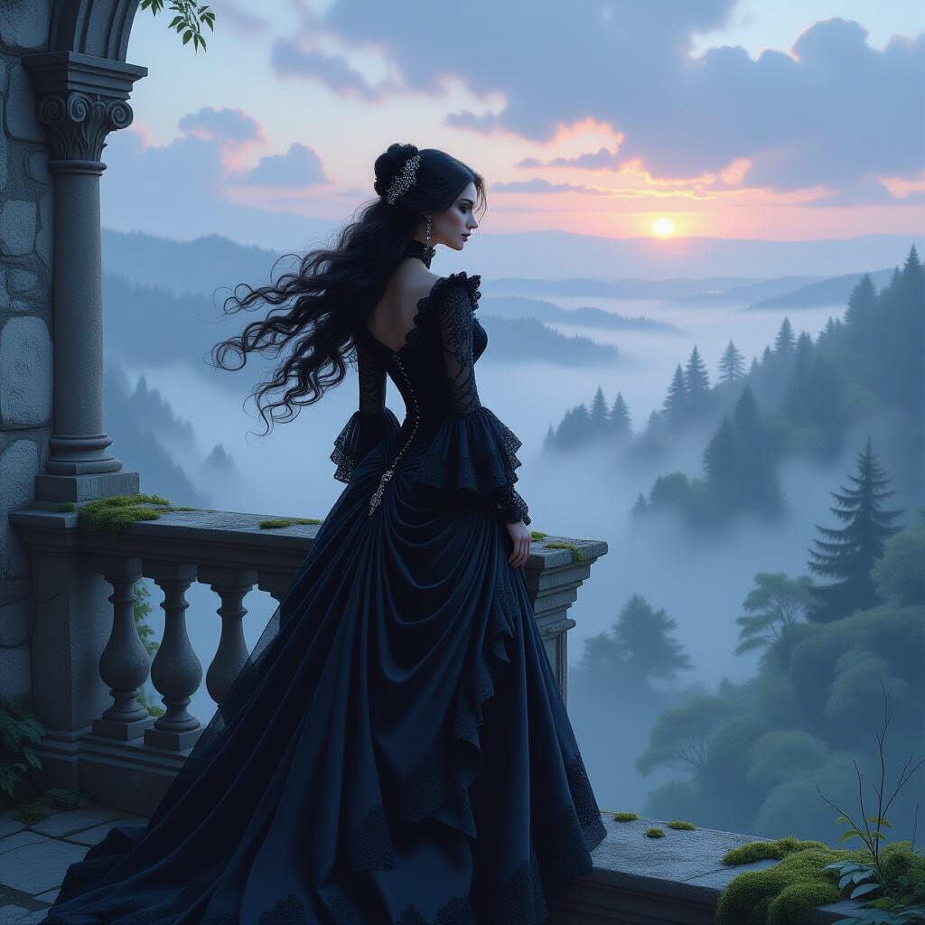 Gothic Victorian Woman in Misty Forest Twilight