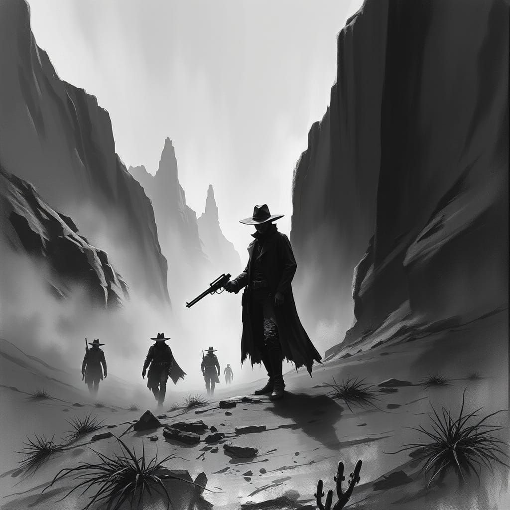 Ghostly Gunslinger in Ghostcore Canyon, Expressive Brushwork