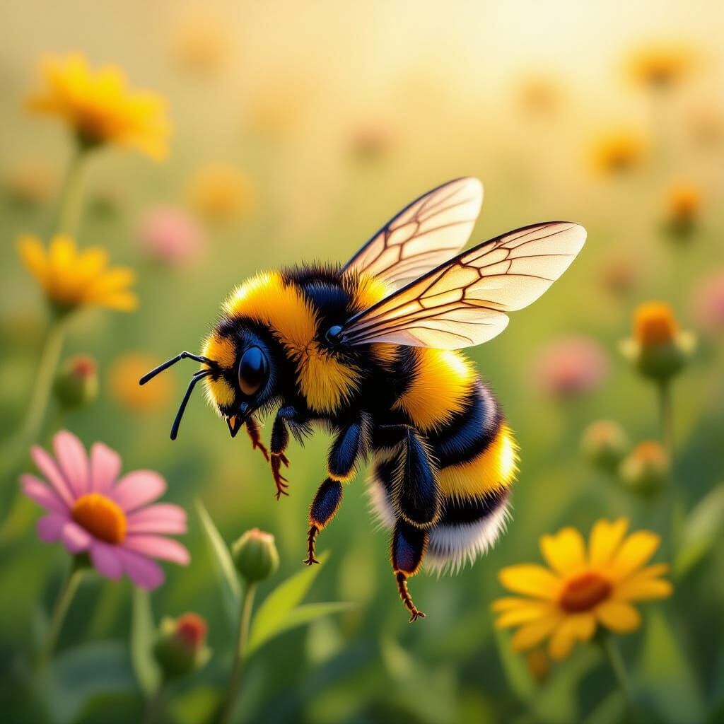 Tiger-Bumblebee Hybrid in Floral Meadow: Whimsical Art