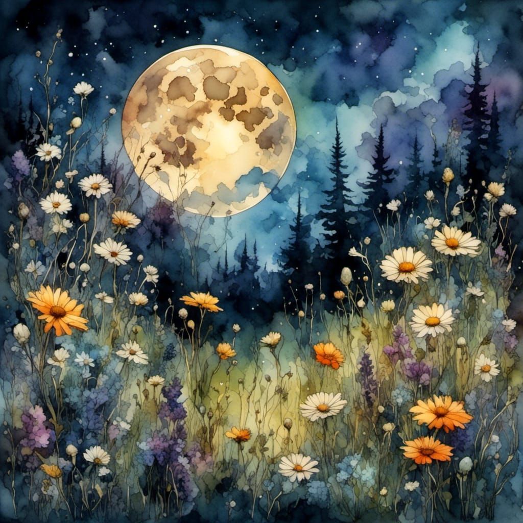 Wildflower Field Under Moon in Watercolor Style