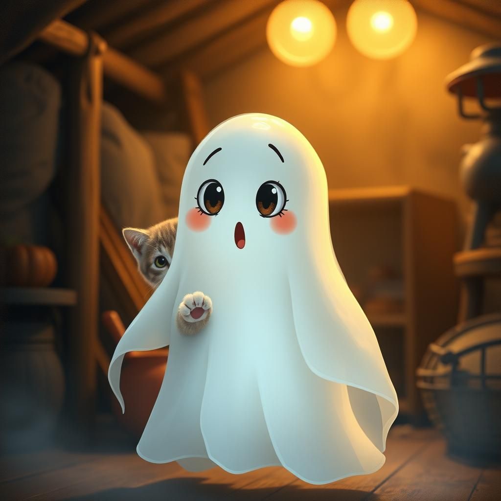 Ethereal Ghost and Curious Cat in Dark Attic