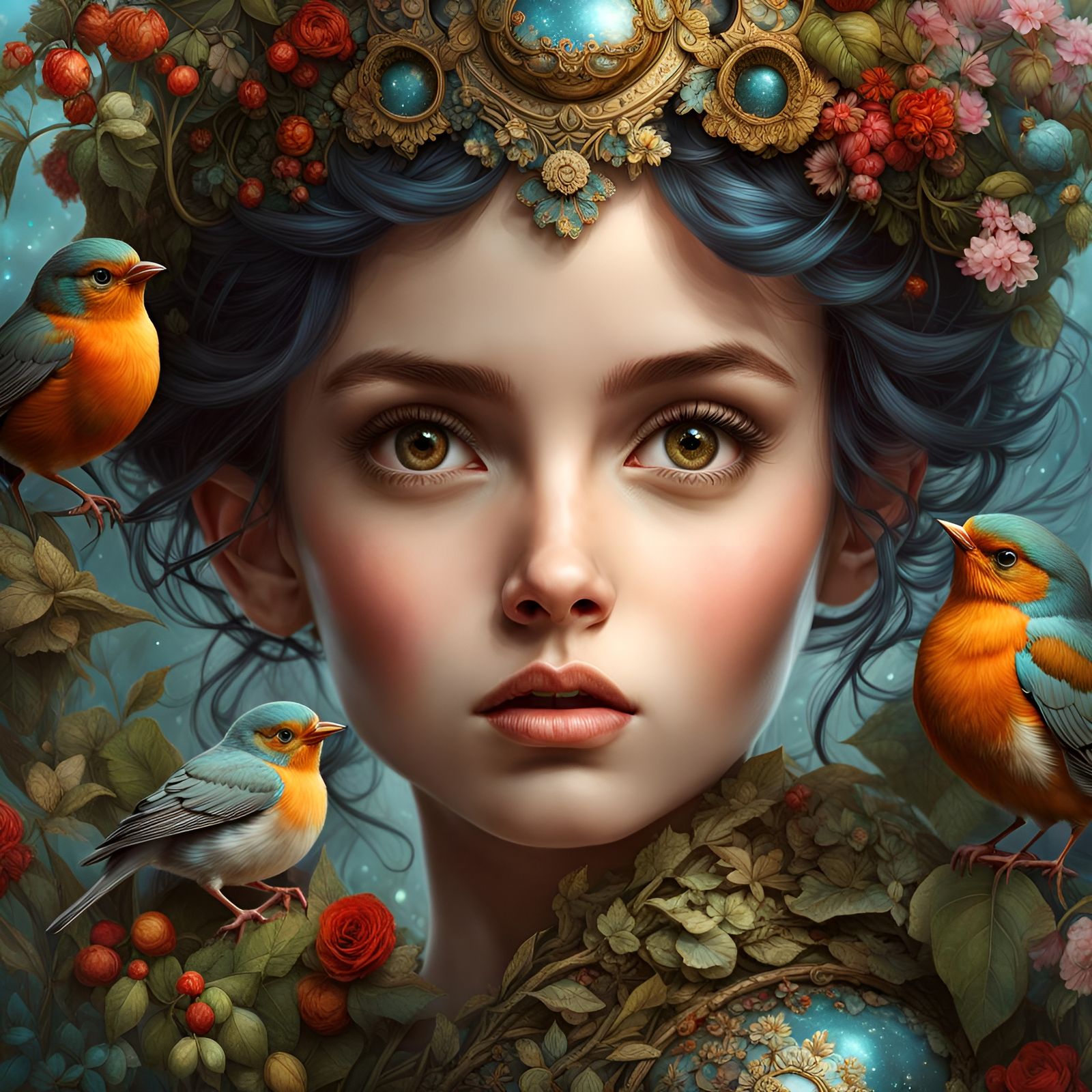Pixie Girl Portrait with Robin: Fantasycore Art