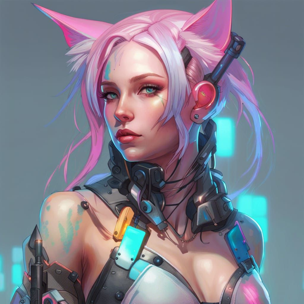 Neon Cybergoth Catgirl Portrait in Cyberpunk Style