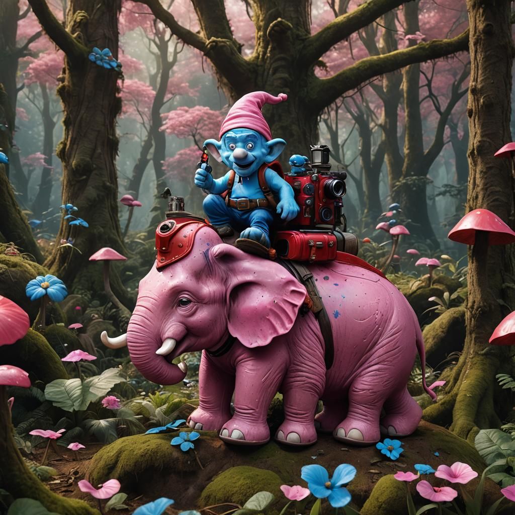 Hyperrealistic Smurf on Pink Elephant in Gnome Forest