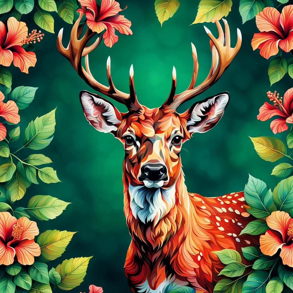 Detailed Deer Portrait with Vibrant Hibiscus Leaves