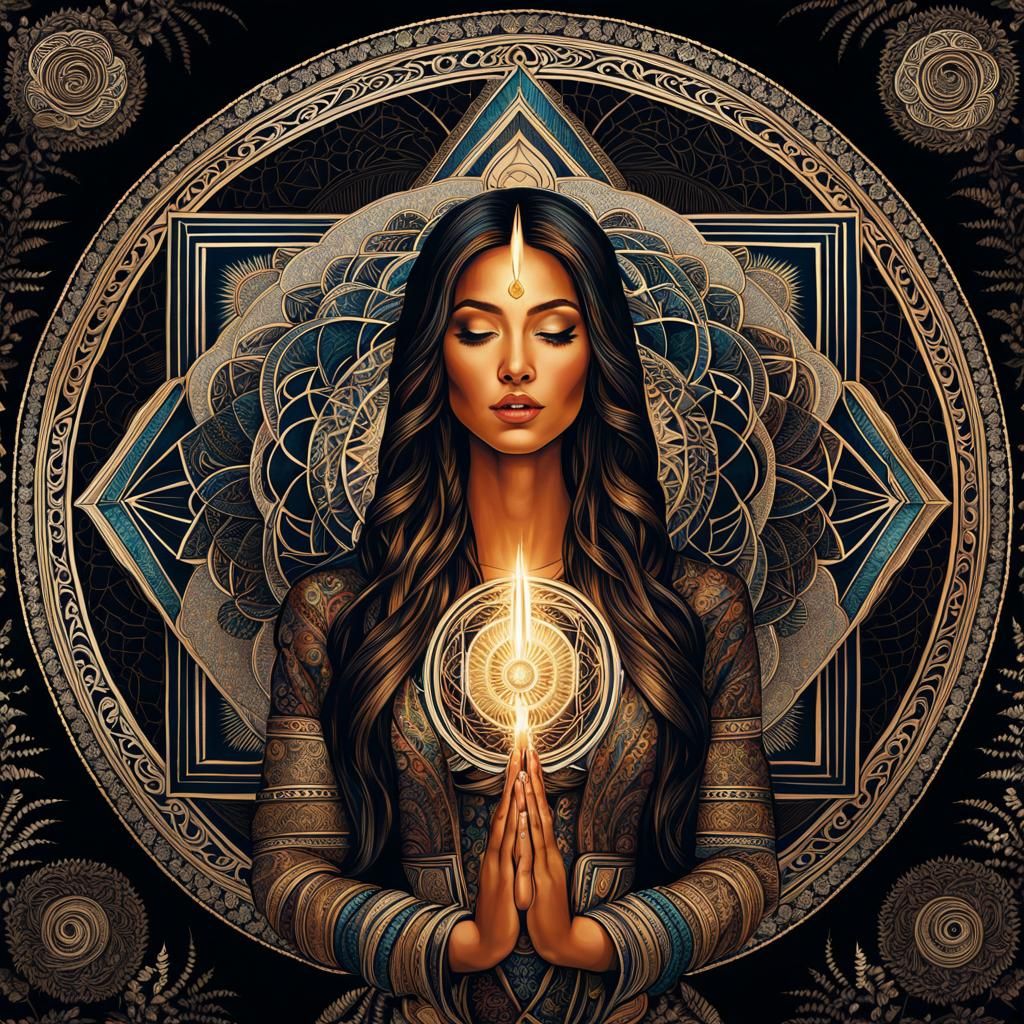 Woman Worshipping Sacred Geometry Tapestry Illustration
