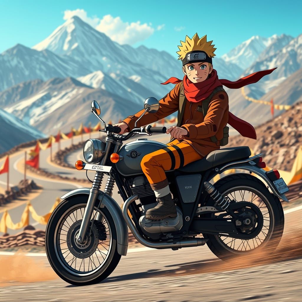 Naruto's Ladakh Motorcycle Adventure in Anime Style