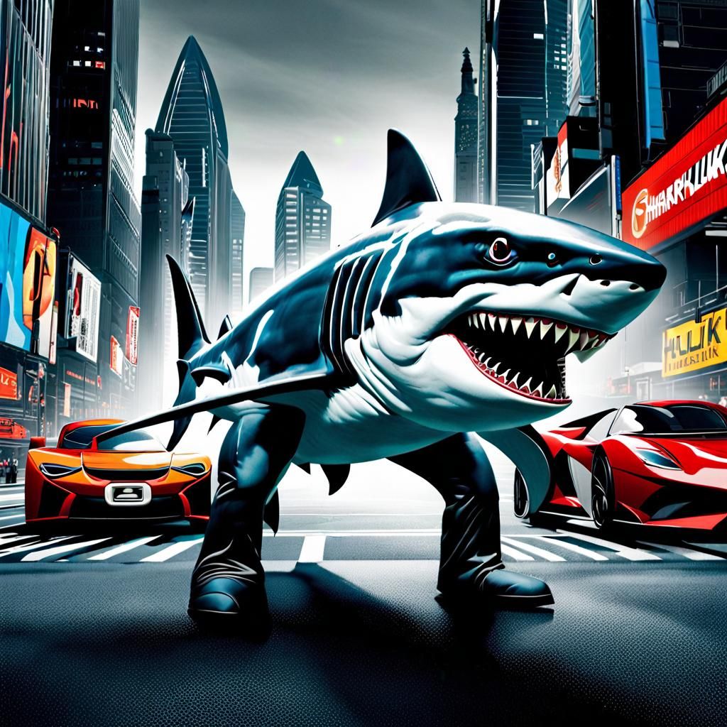 Colossal Sharkman in City: Hyperrealistic 3D Octane