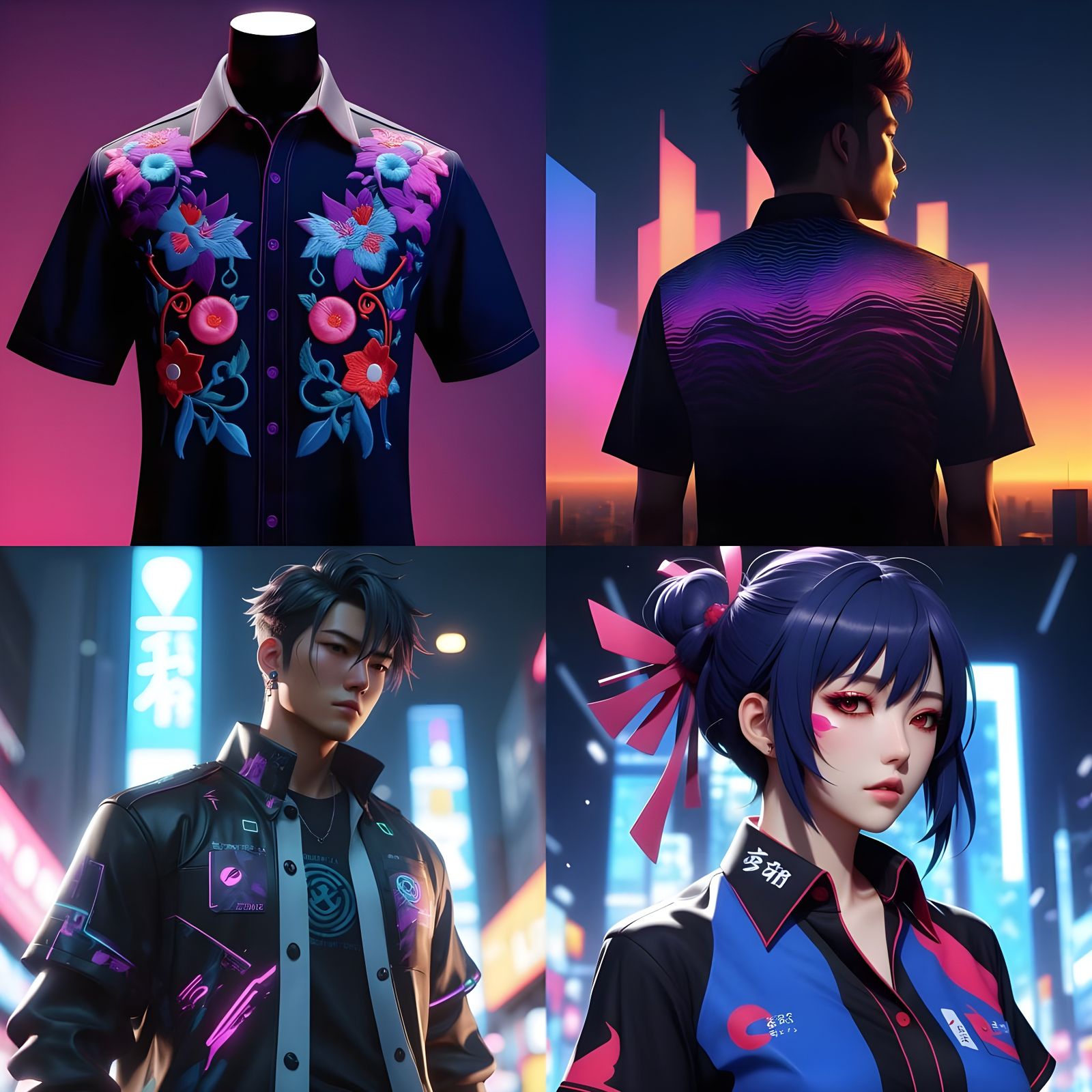 Vibrant Black Dart Shirt with Collar and Pocket in Anime Sty...