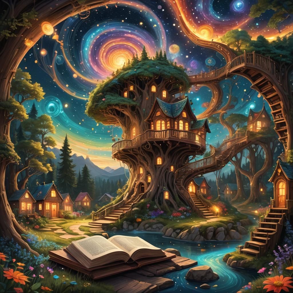 Magical World Emerges from Book in Dreamlike Fantasy Art