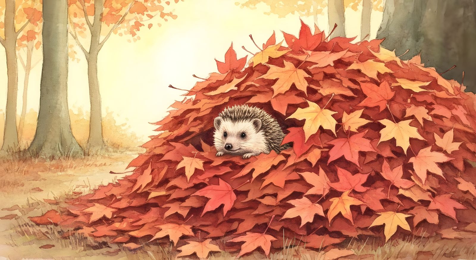 Hedgehog Peeking From Autumn Leaves in Watercolor