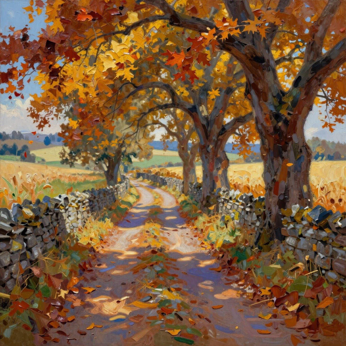 Rich Autumn Landscape Oil Painting with Textured Brushwork