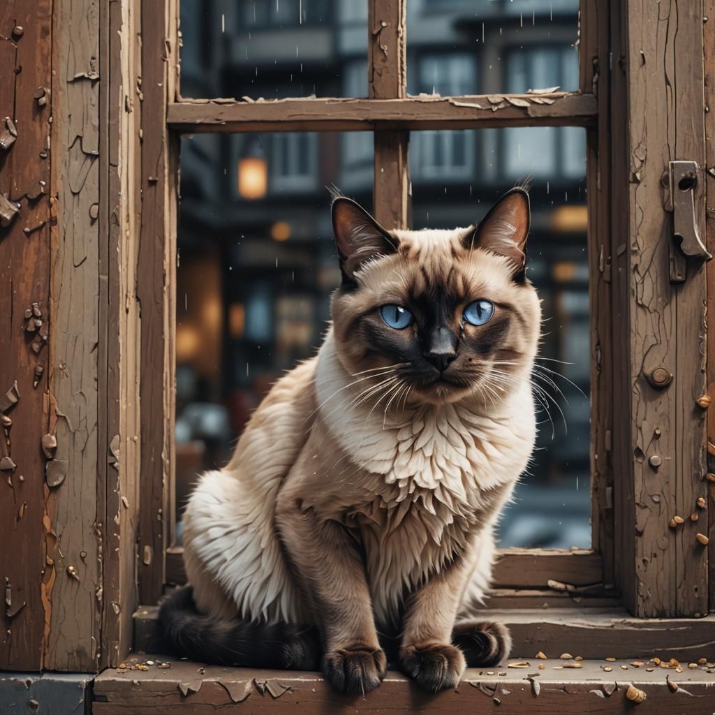 Pixel Art Siamese Cat Portrait in Window