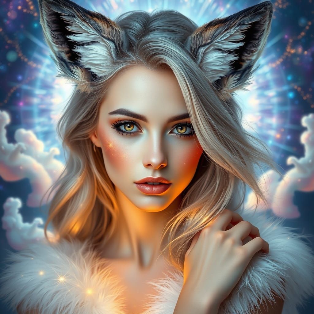 Ethereal Goddess with Furry Ears and Iridescent Aura