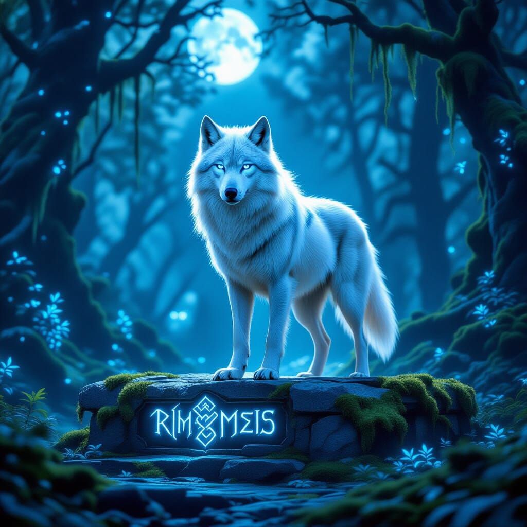 Majestic White Wolf on Ancient Altar Under Moonlight