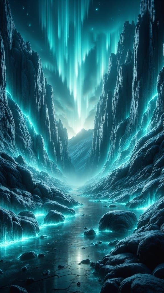 Ethereal Boreal Landscape with Glowing Mountains and Fissure...