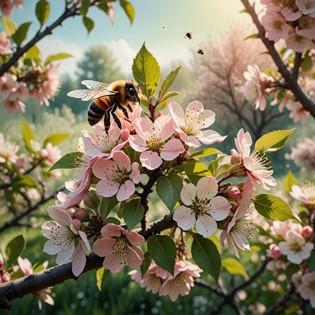 Dreamy Watercolour Garden Scene with Blooming Apple Tree and...