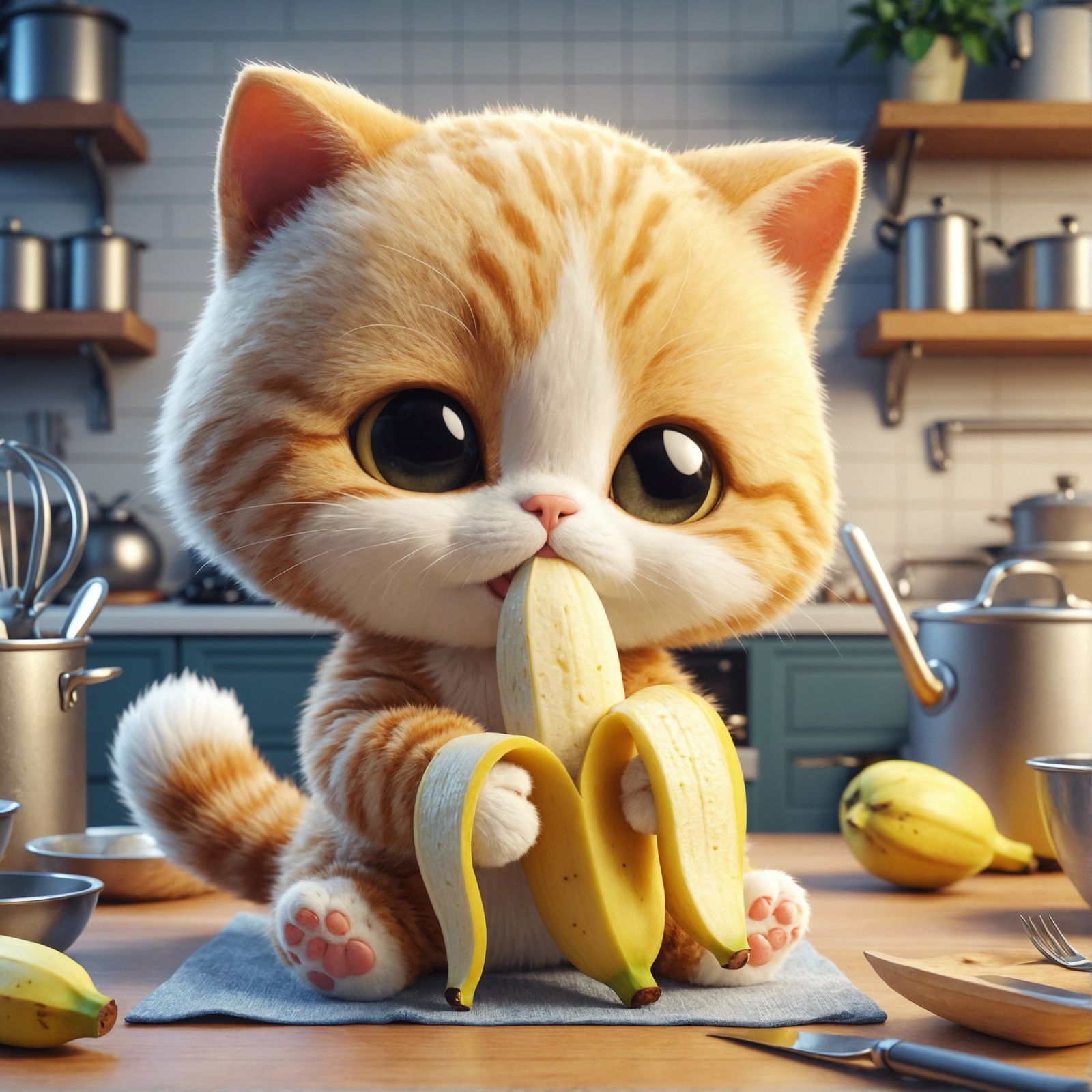 Cartoon Cat with Banana in CGI Kitchen
