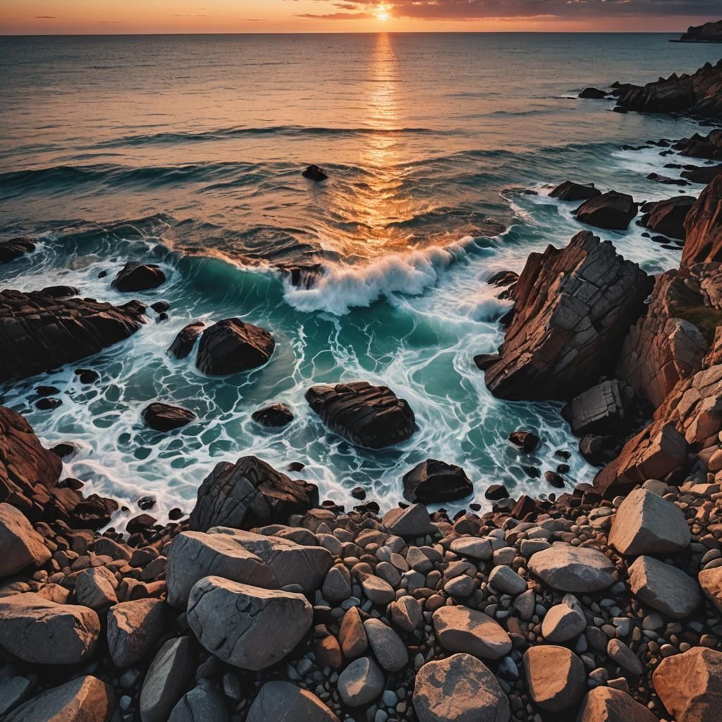 Romantic Sunset Over Water in Modernist Style