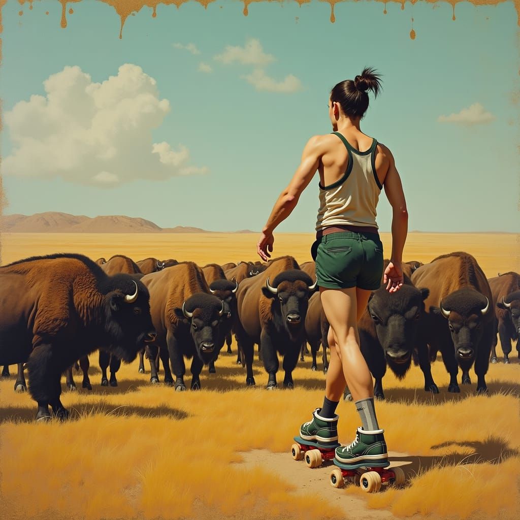 Bison Roller Skater: A Klimt-esque Surrealist Painting