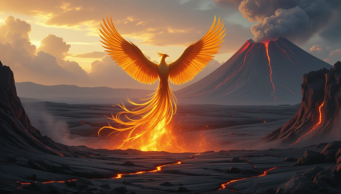 Ethereal Phoenix Rises From Fiery Volcano