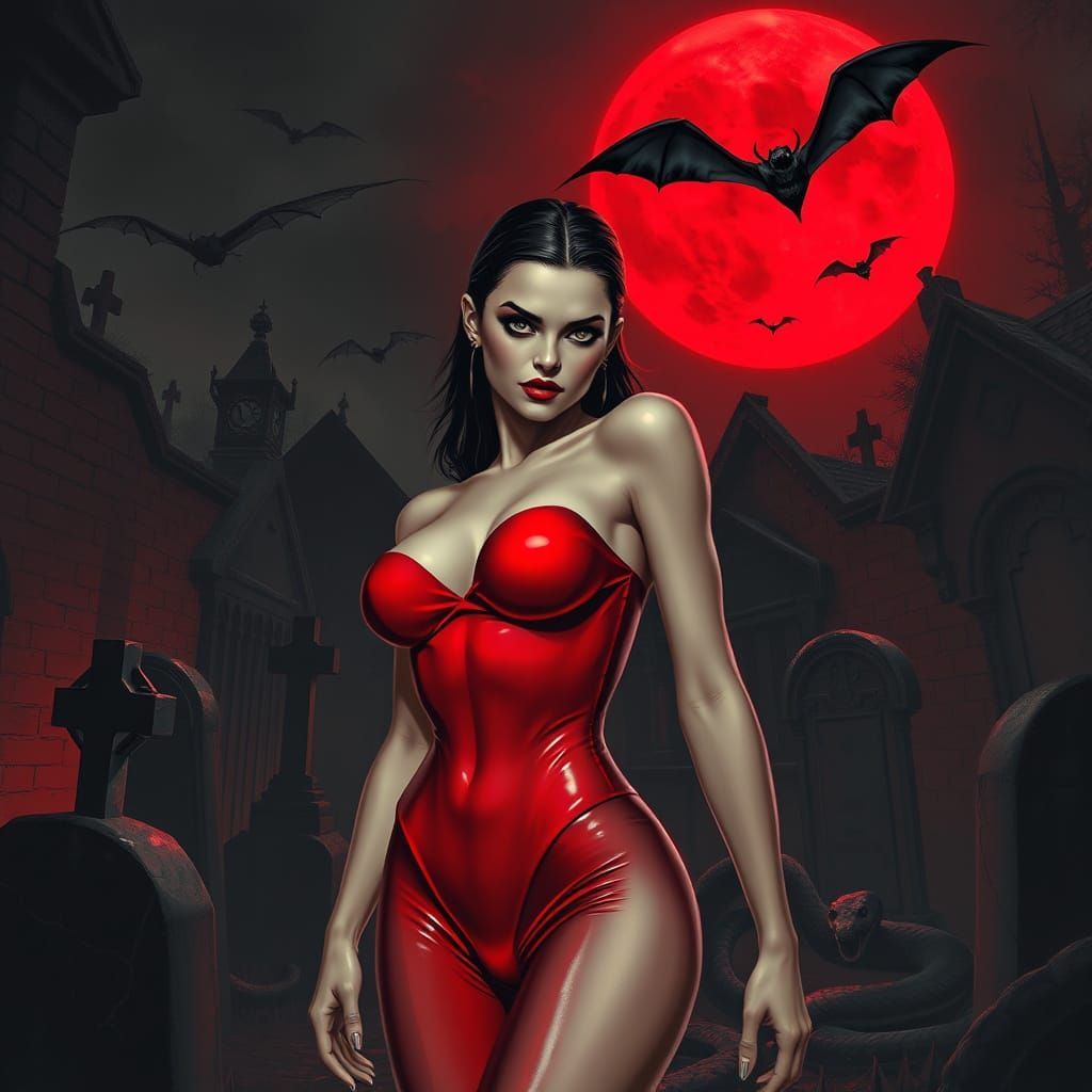Gothic Vampire Goddess in Red Latex Amidst Dark Cemetery