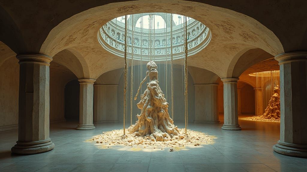 Apocalyptic Beach Scene with Collapsing School