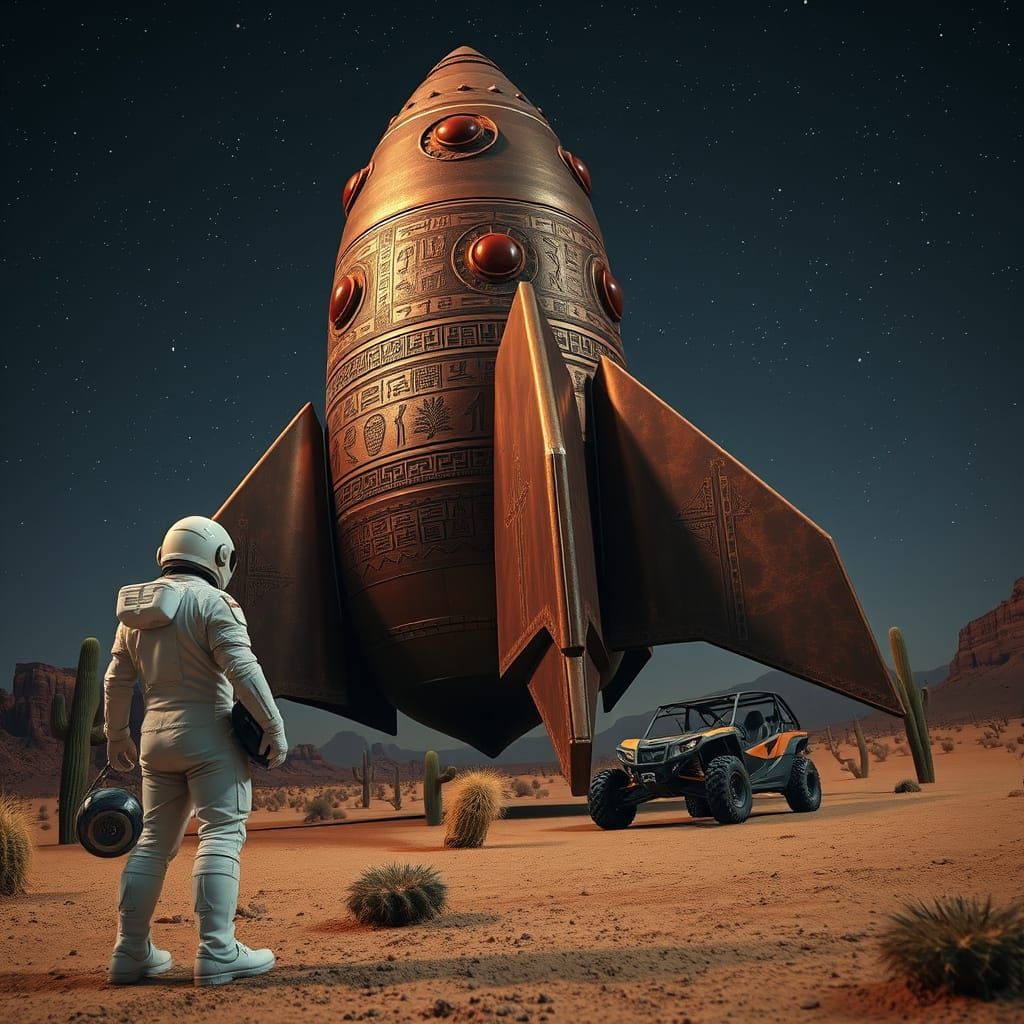 Ornate Ancient Rocket Ship in Desert Landscape
