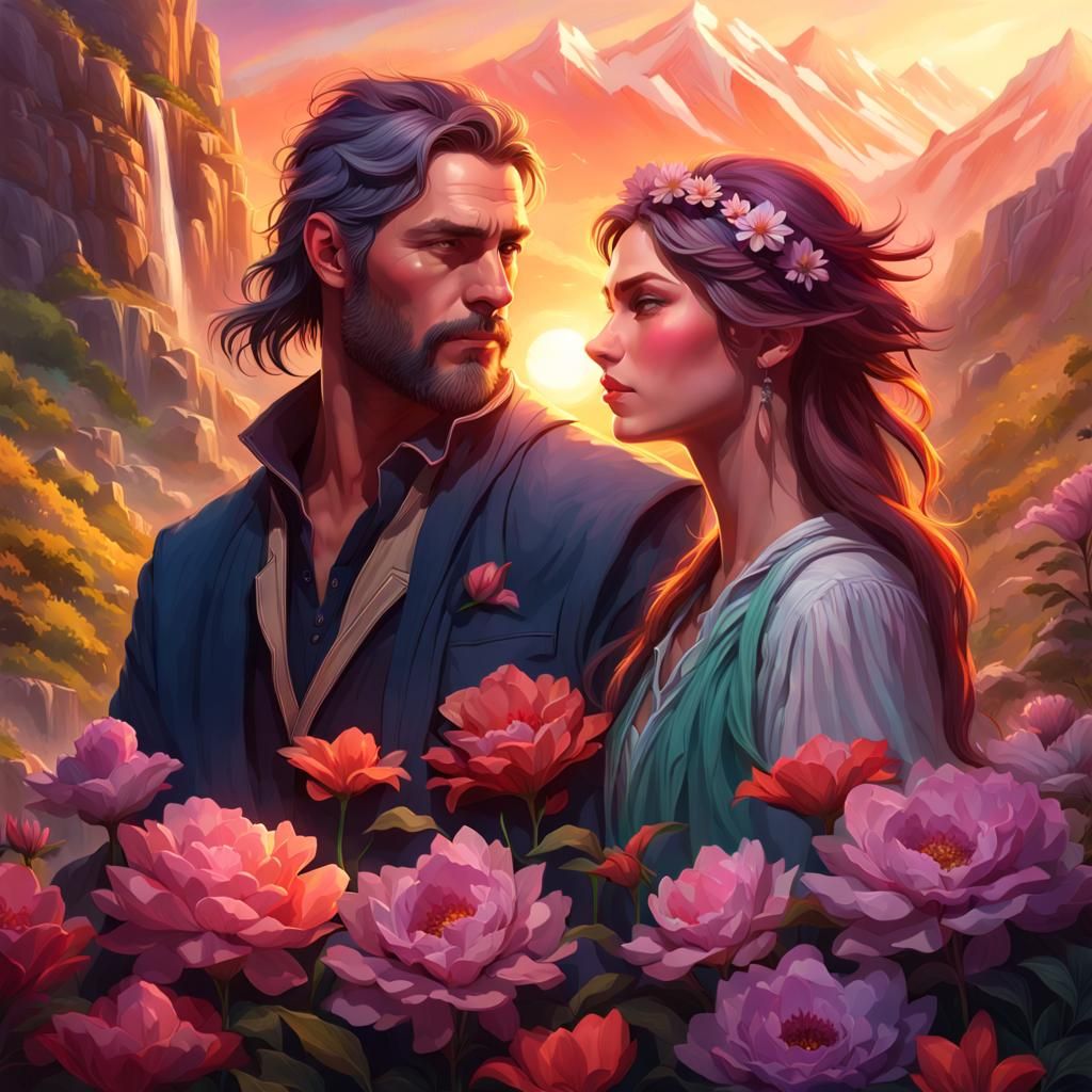 Romantic Waterfall Sunset Portrait in Digital Art Style