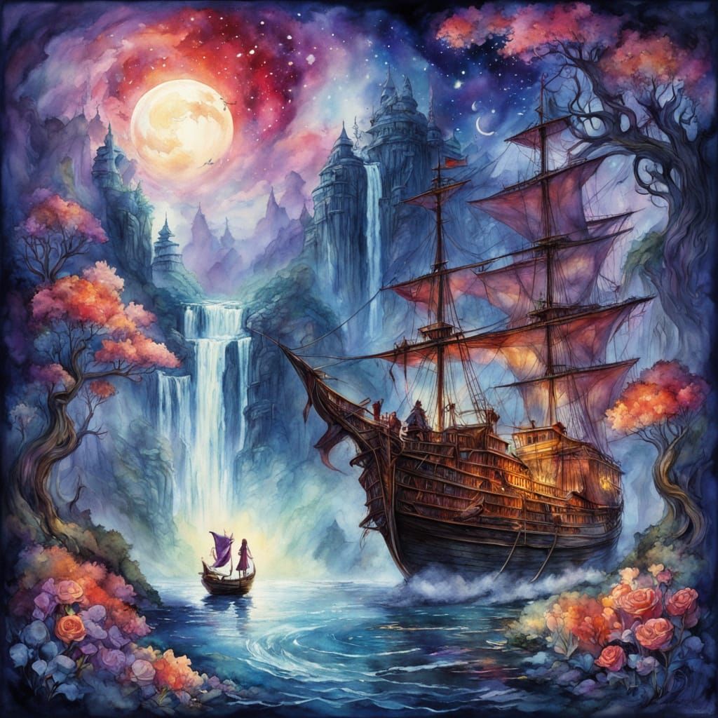 Fantasy Landscape with Moonlit Waterfall, Watercolor and Ink