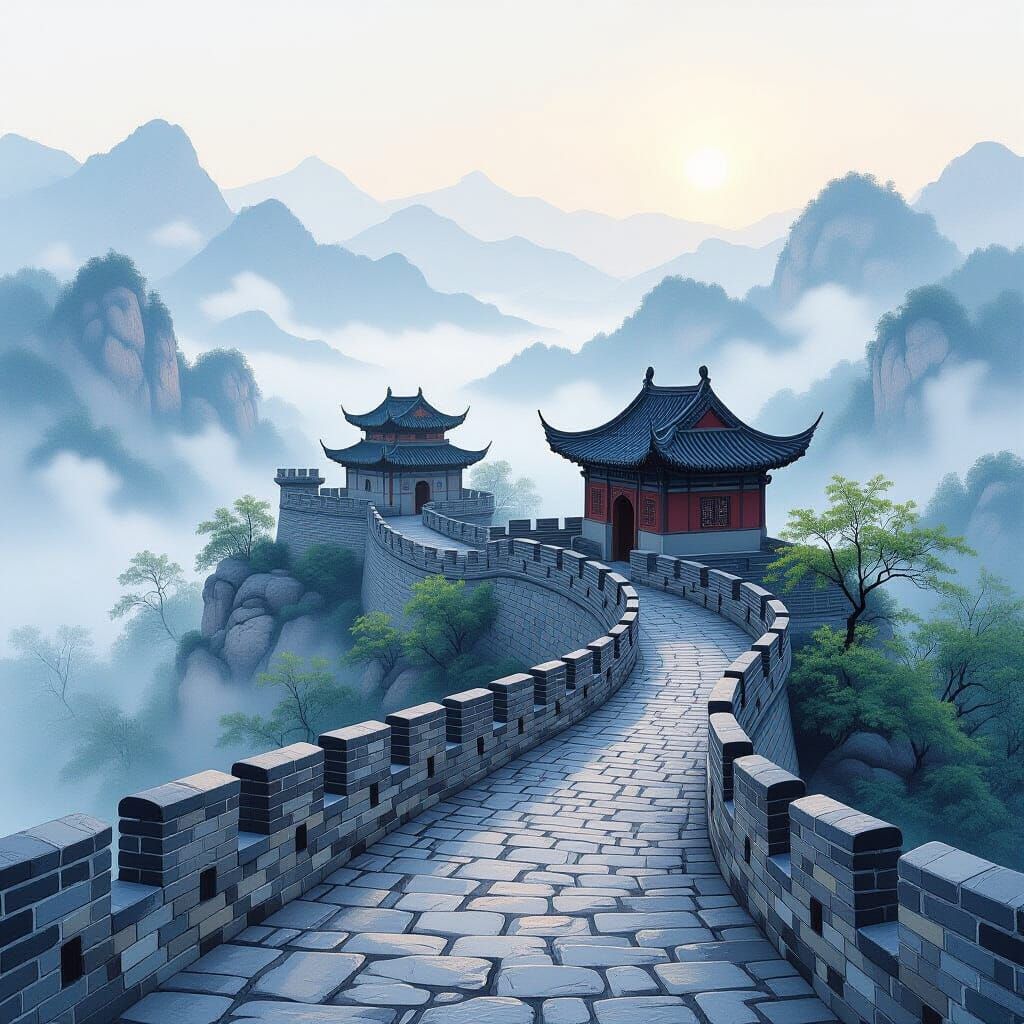 Misty Mountains: Ancient Chinese Wall in Oriental Style