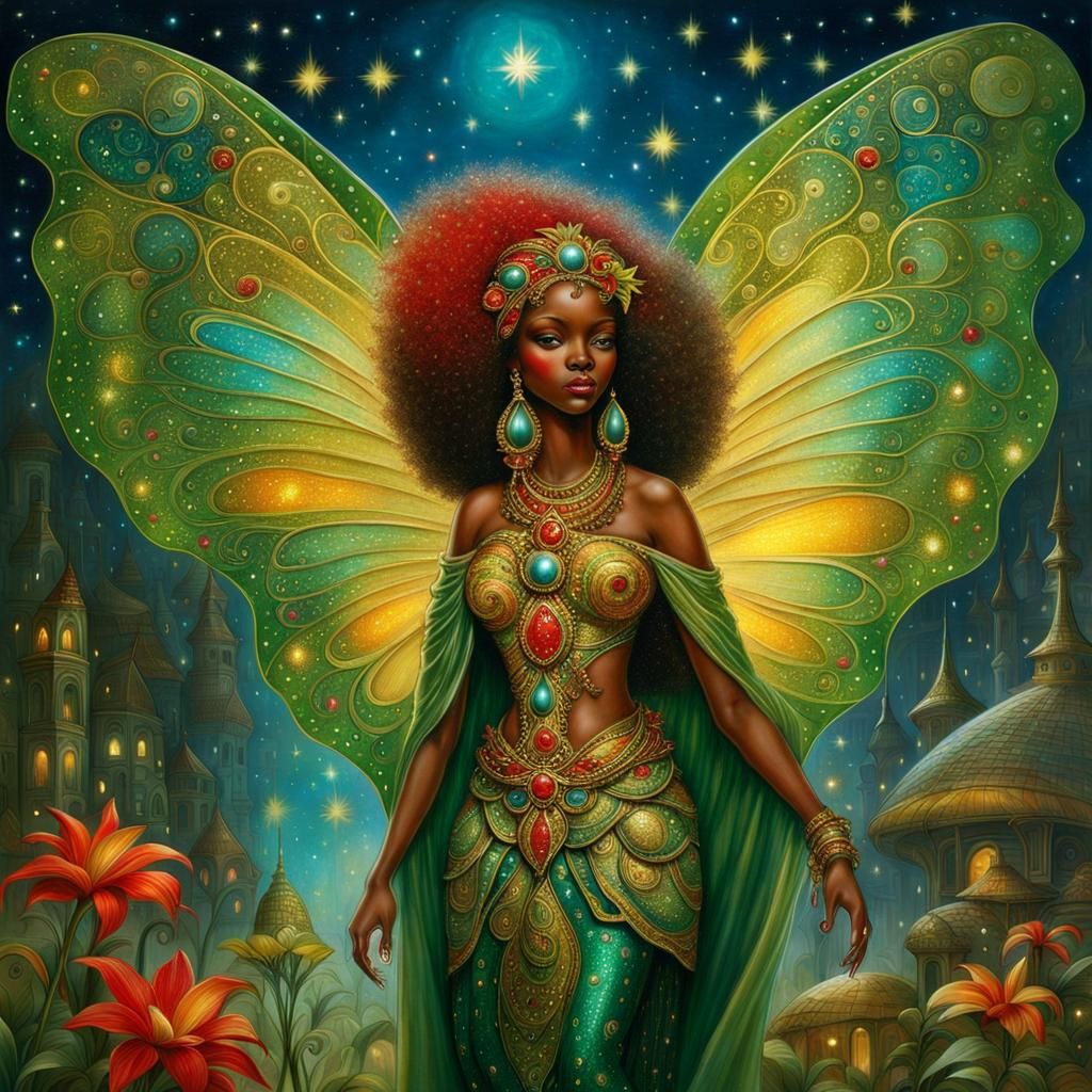 Intricate African Fairy with Iridescent Wings
