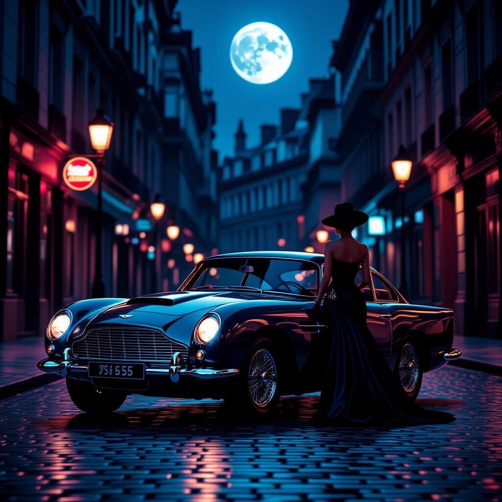 Vintage Aston Martin DB5 on Cyberpunk Paris Street