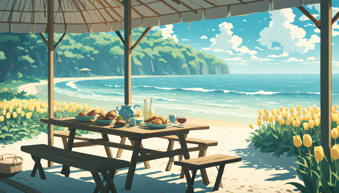 Whimsical Beachside Gathering in Vibrant Studio Ghibli Style