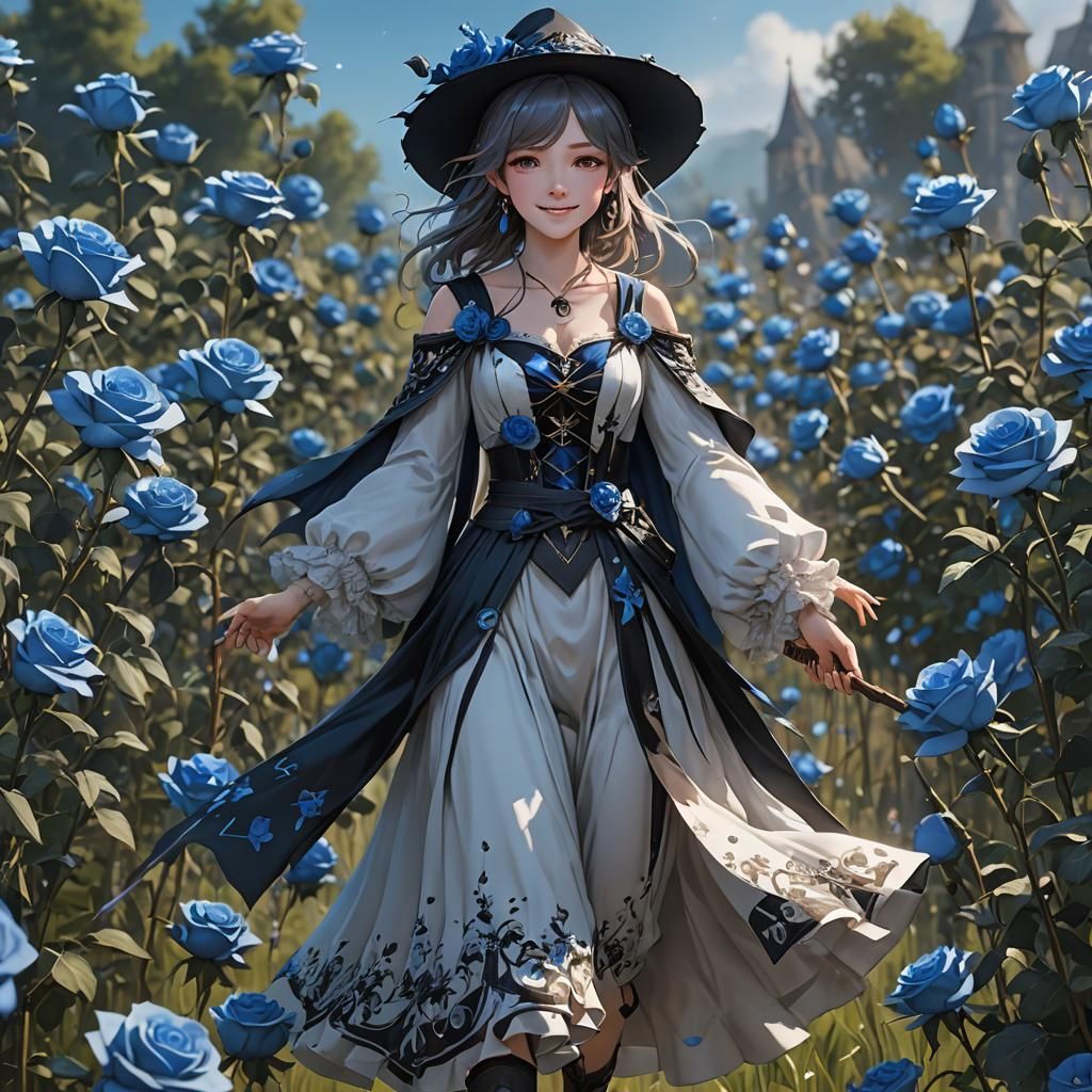 Smiling Sorceress in Rose Field: 3D Anime Art