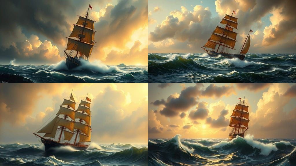 Sailing Ship in Turbulent Seas, Romantic Seascape Masterpiec...