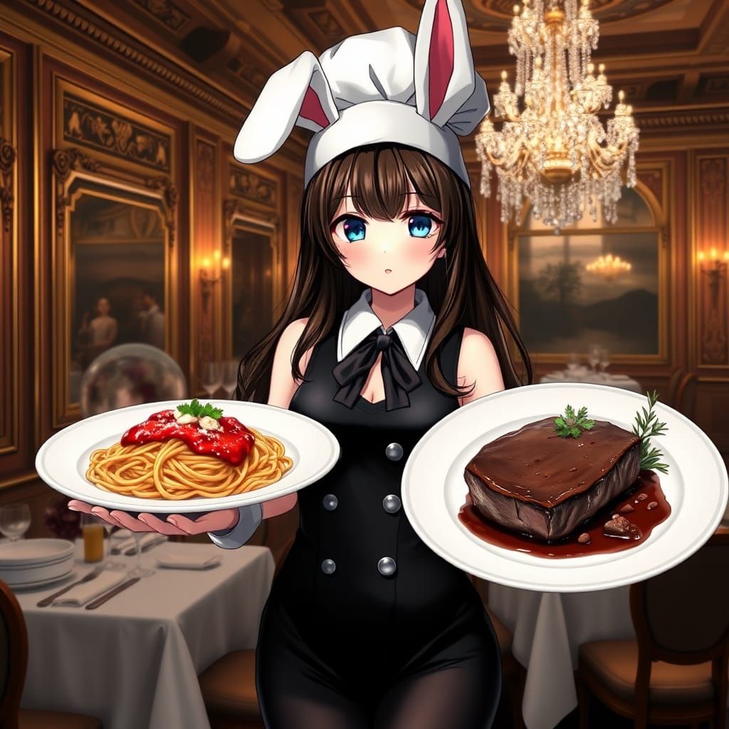 Anime Chef Bunny Girl in Opulent Restaurant