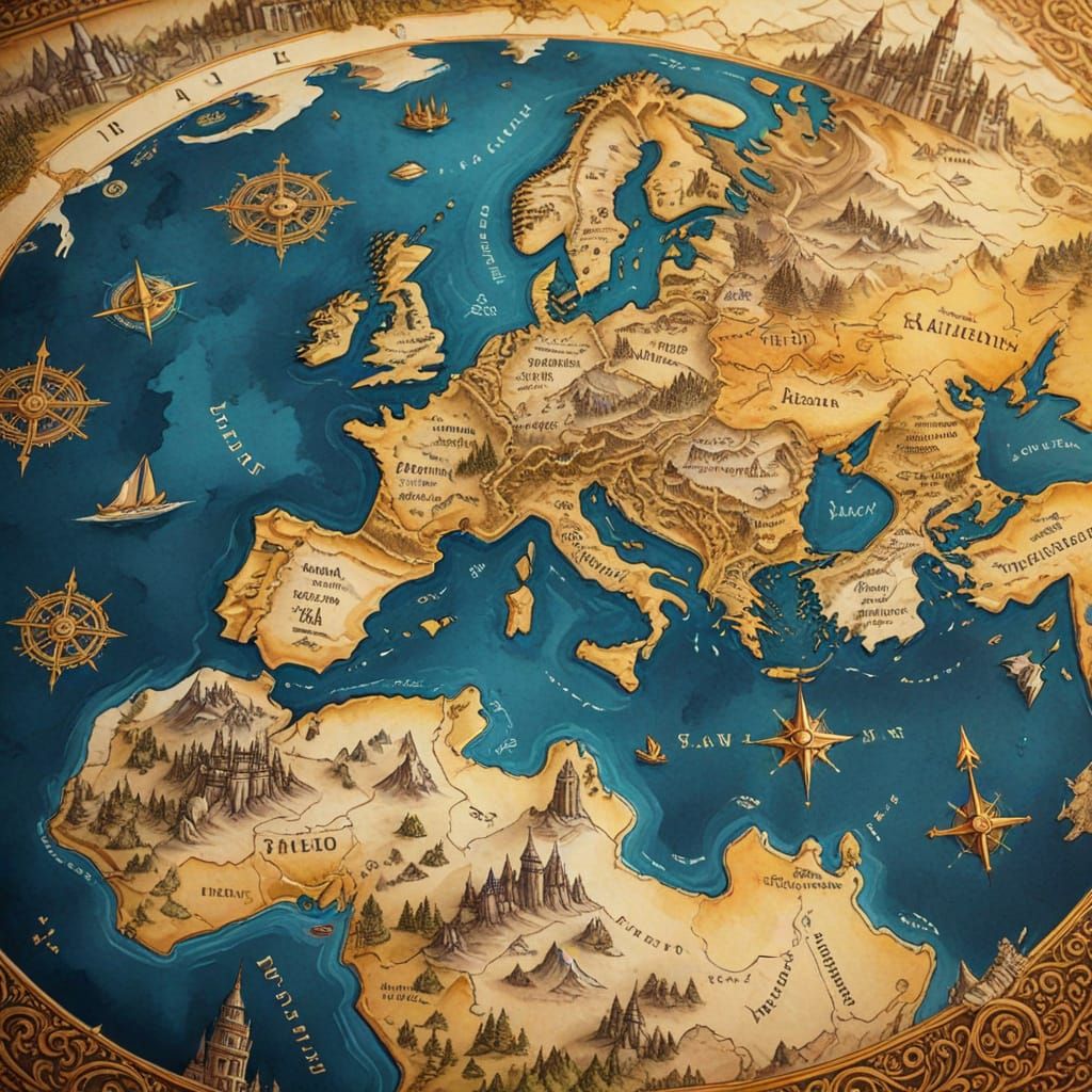 Fantasy World Map in Modern Ink Painting Style