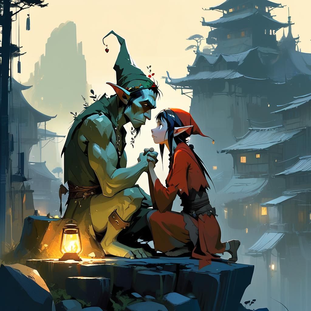 Elf Warrior and Rock Troll: Anime-Style Fantasy