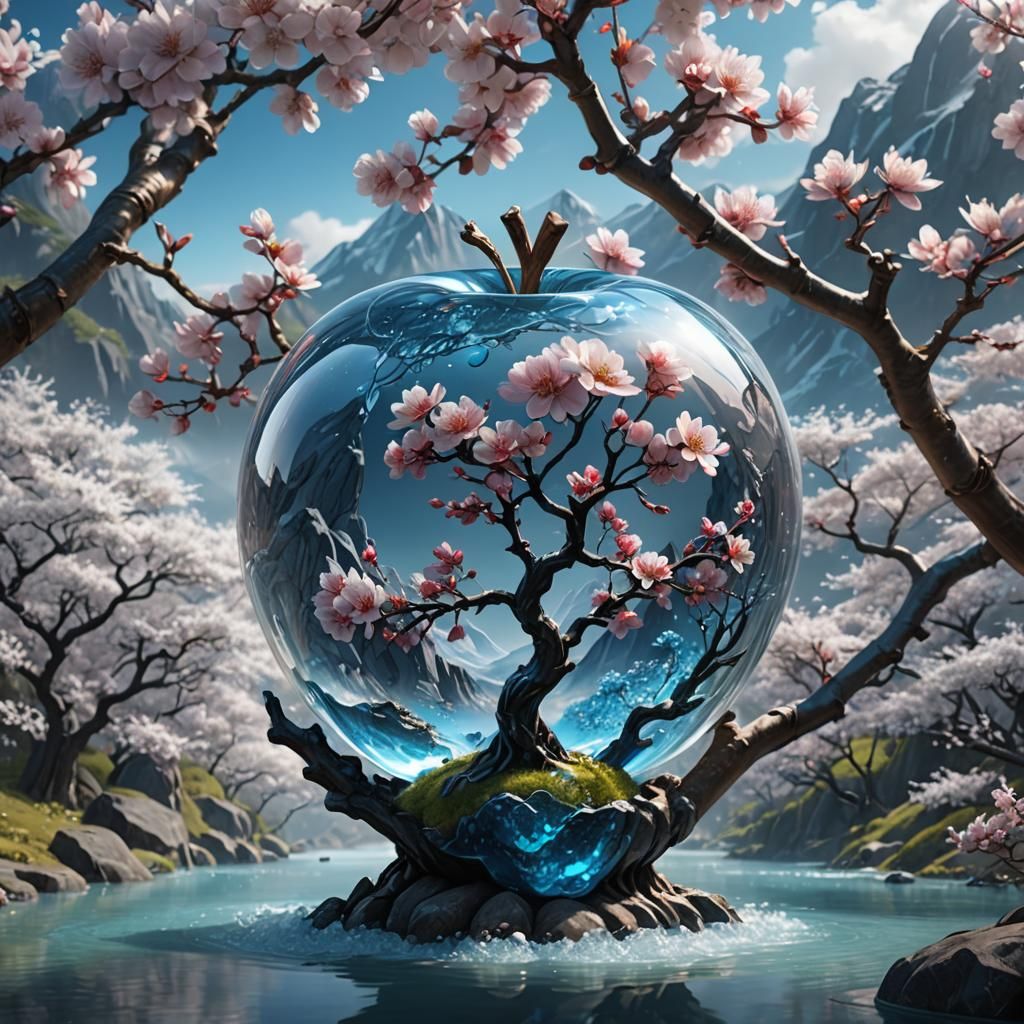 Sakura Tree Inside Glass Apple: Fantasy Art