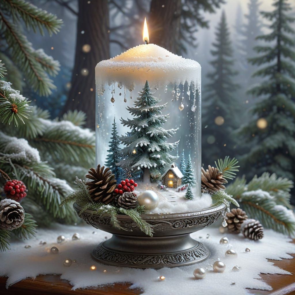 Ornate Christmas Candle with Winter Village Scene
