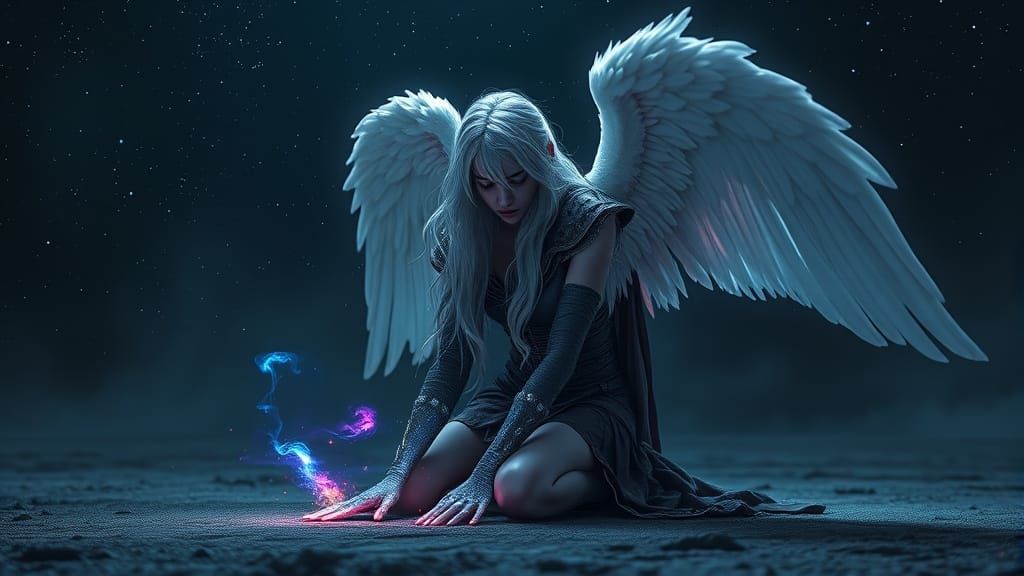Celestial Dark Angel in Starry Night, Fantasy Art