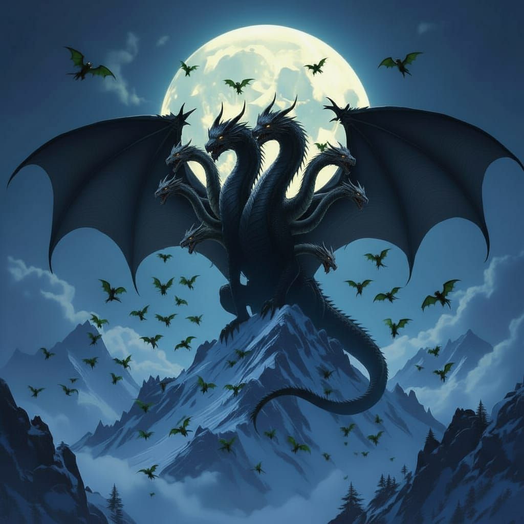 Six-Headed Dragon Dominates Snowy Mountain Night Sky