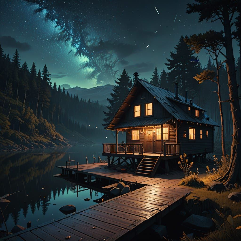 Enchanted Solitude Cabin Amidst Glowing Fireflies and Starry...