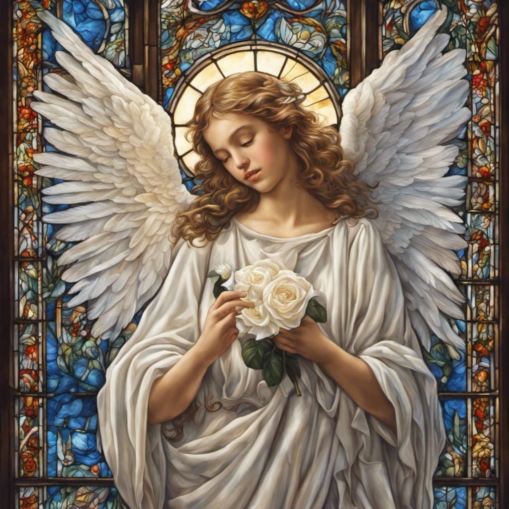 Stained Glass Angel with Rose Oil Painting