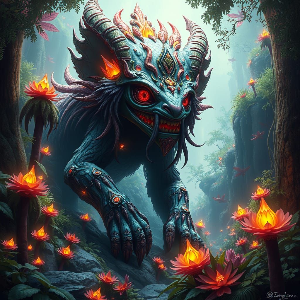 Mystical Ancient Mogwai in Vibrant Lush Environment